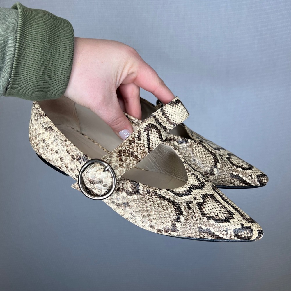 Freda‎ Salvador Snakeskin Mary Jane Flats Pointed Toe Buckle Strap Tan Brown 8.5